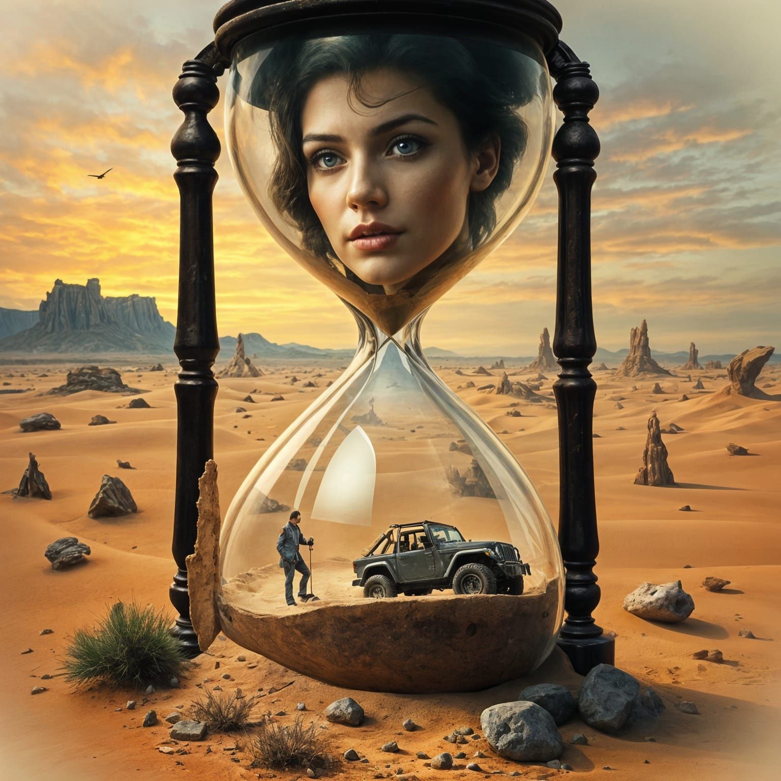 Surreal Hourglass Landscape with Jeep, Hyperrealistic Style