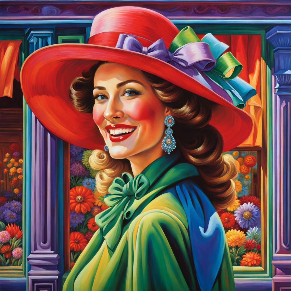 Woman in 1850s Dress and Floral Hat