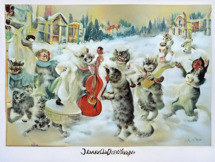 Musical Christmas Cats Dancing on Vintage Postcard