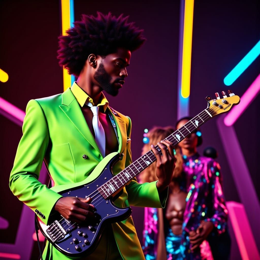 Soulful Synthwave Bassist in Neon 80s Style