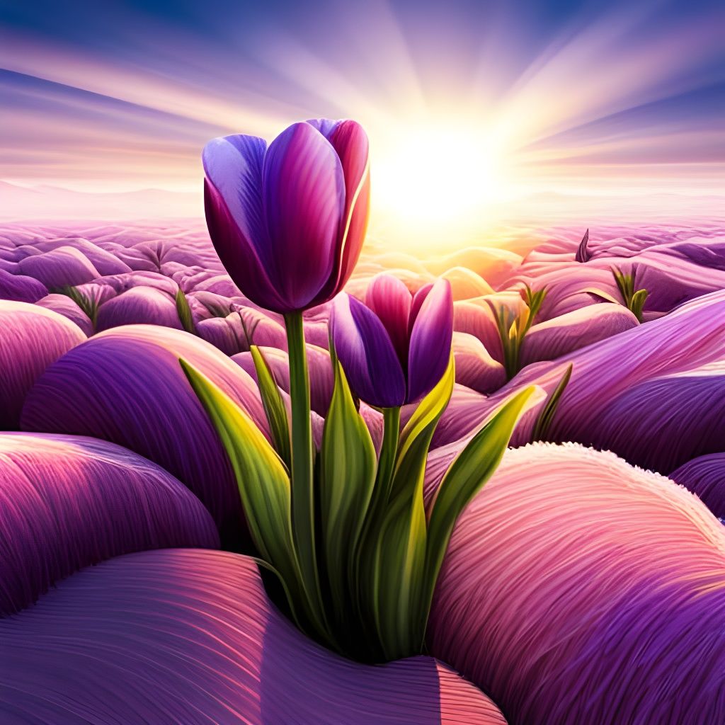 Purple Tulips Bloom Through Snow: Gouache Style Digital Art