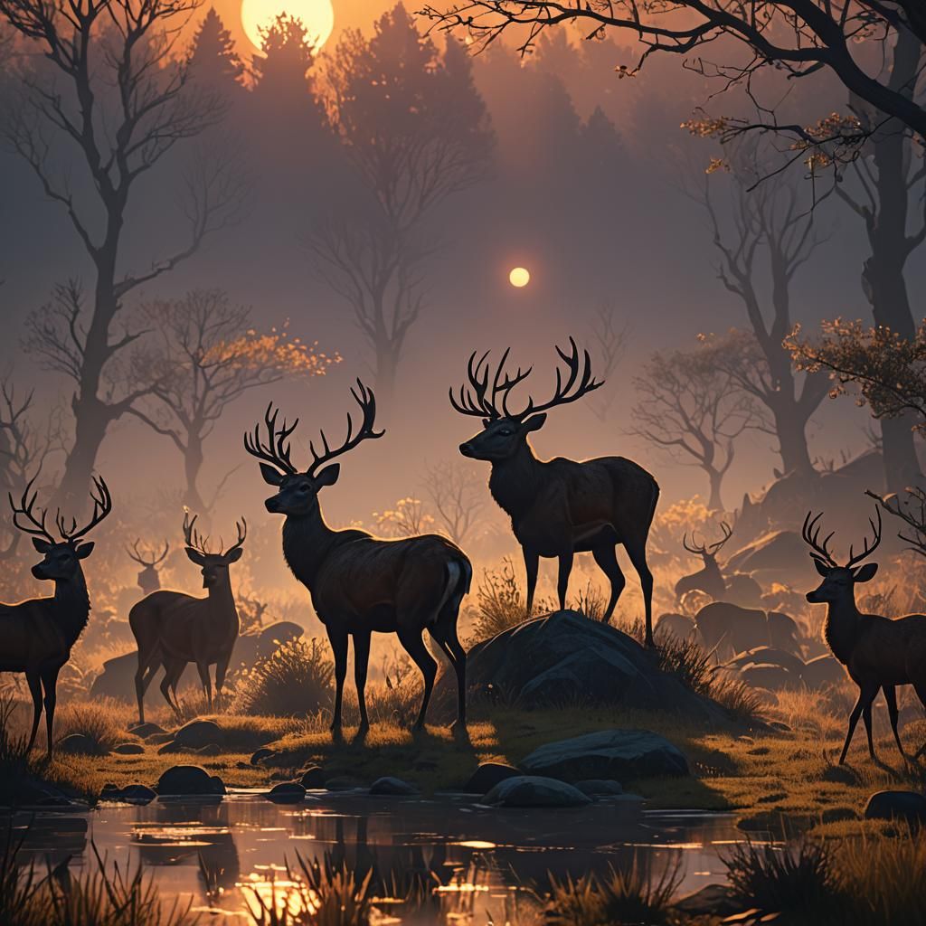 Deer Silhouette at Sunset: Fantasy Matte Painting
