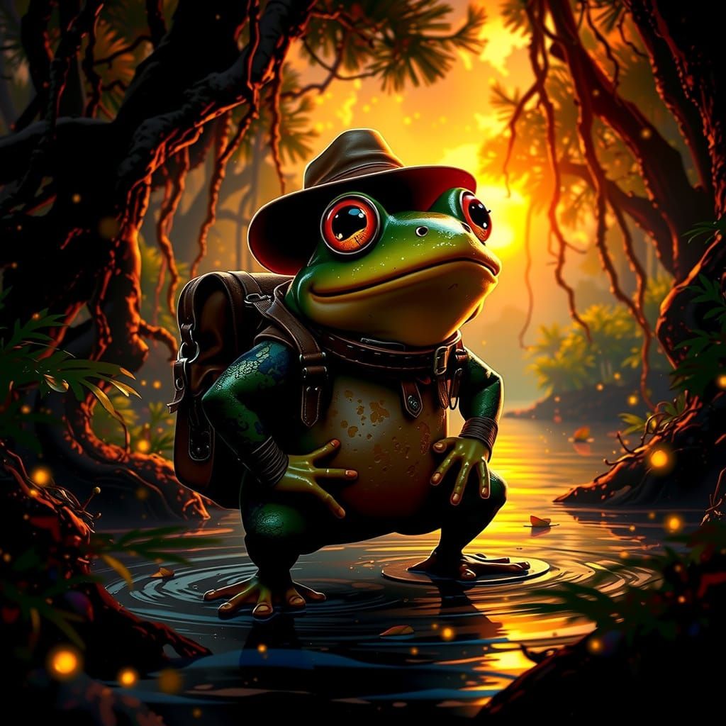 Vibrant Cartoon Frog Embarks on Adventure in Lush Swamp Suns...