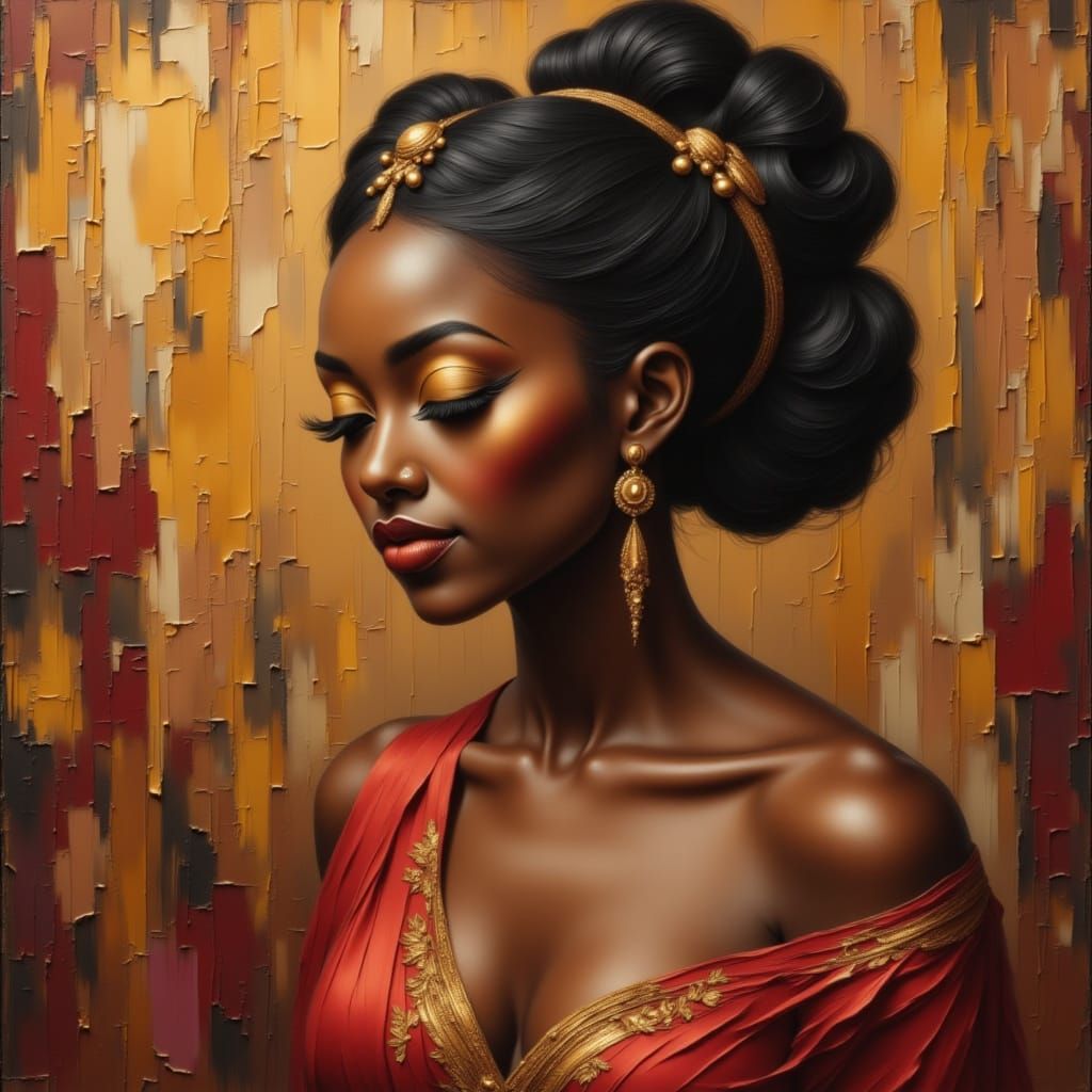 A regal Black woman, likely in her 20s, is depicted in a three-quarter profile, gazing downwards with closed eyes, sugge...