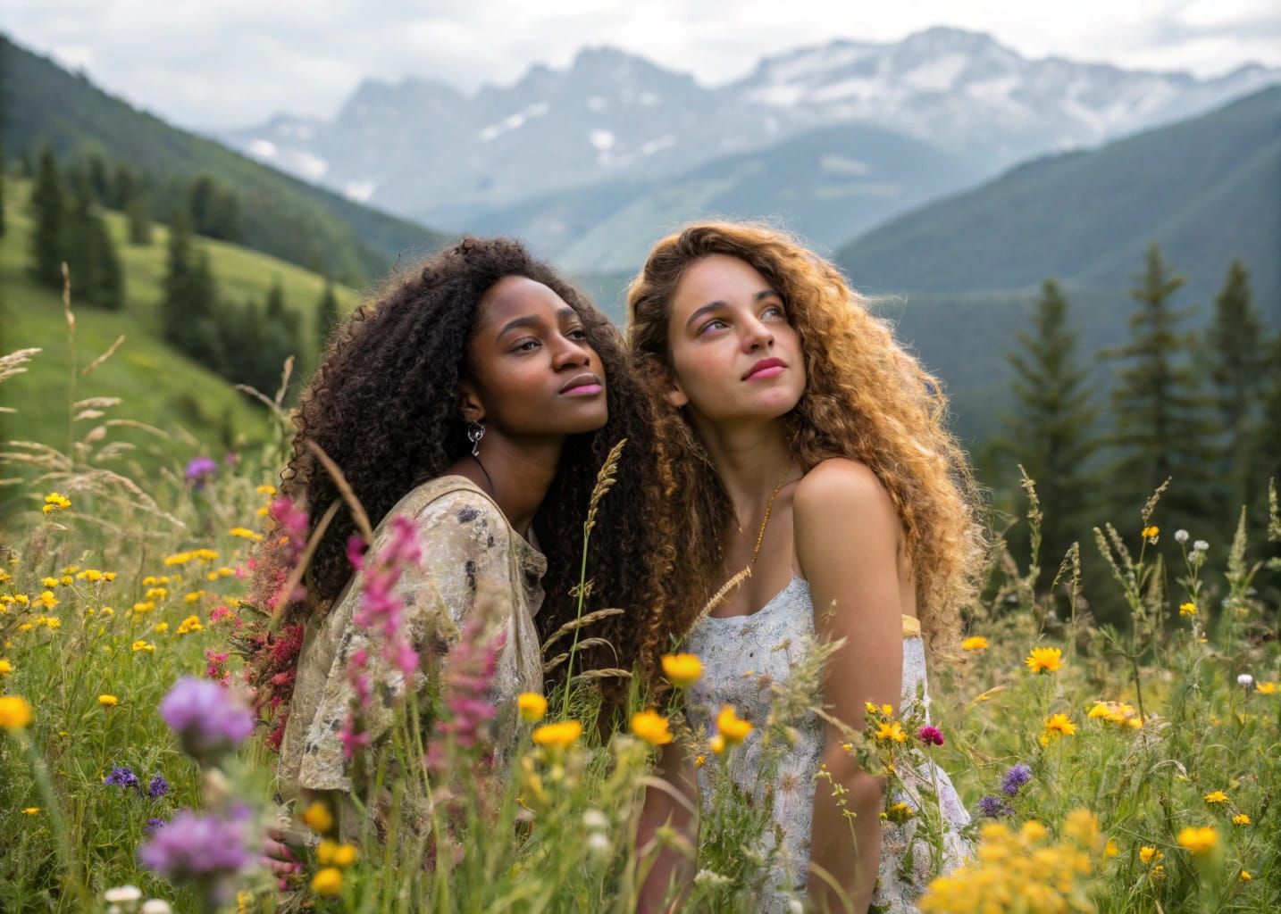 Women in Mountain Meadow as Pre-Raphaelite Painting