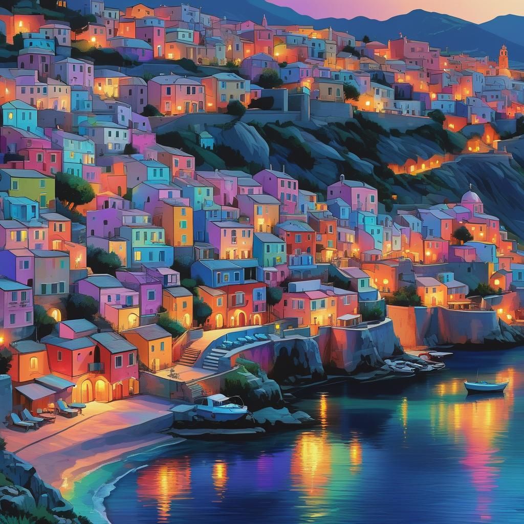 Psychedelic Mediterranean Village at Twilight