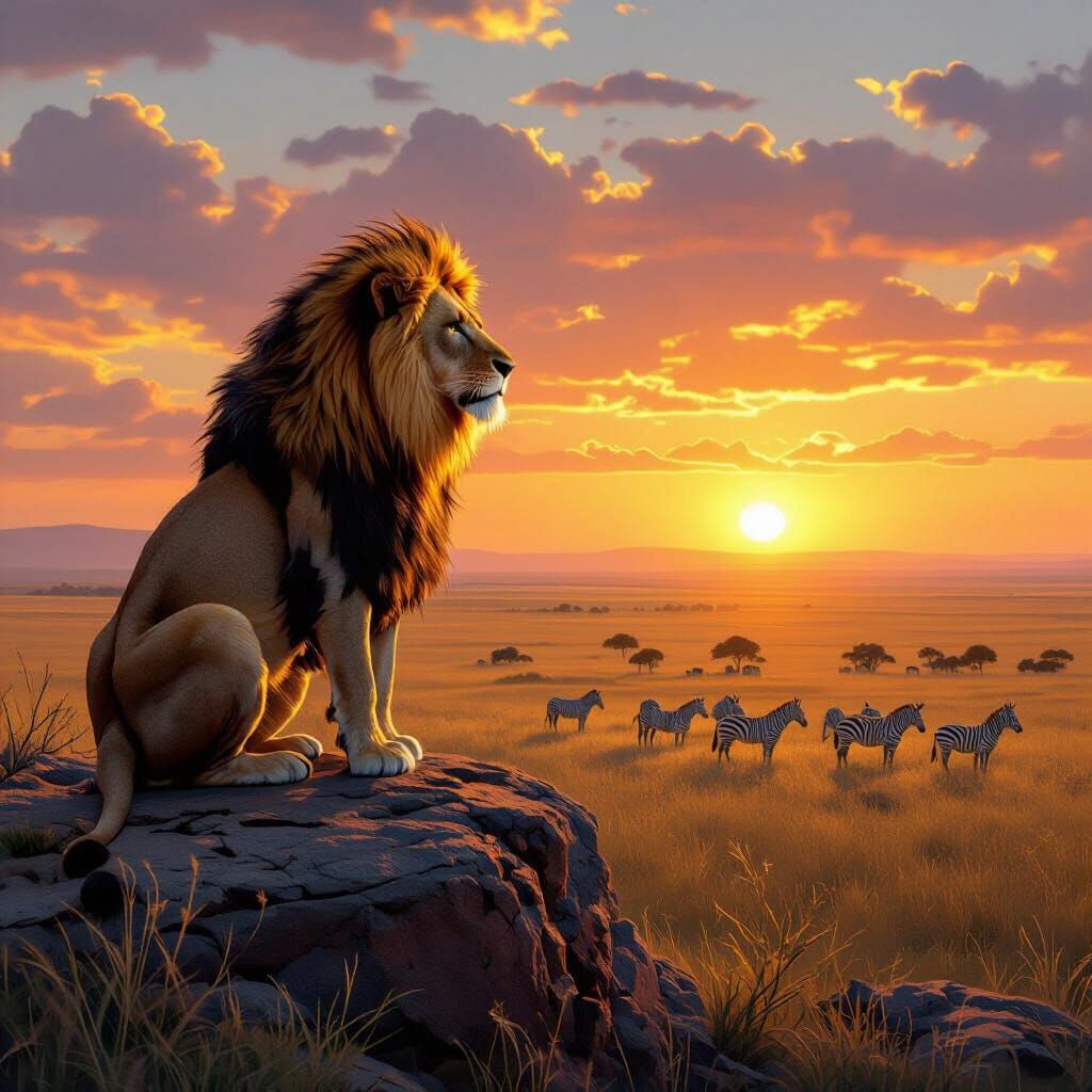 Lion King Overlooking African Savanna Sunset