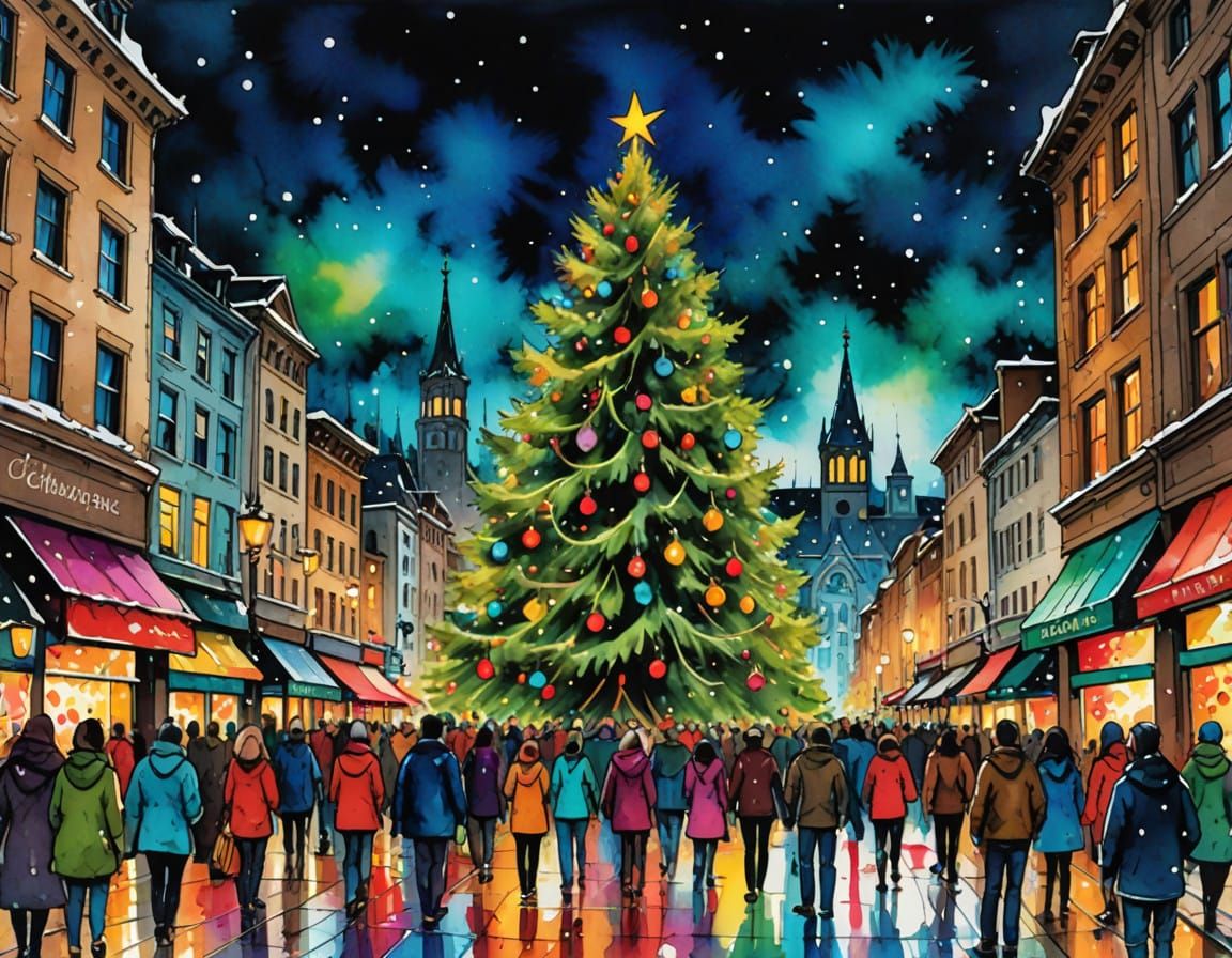 Vibrant Christmas Cityscapes in a Muted Marker Style