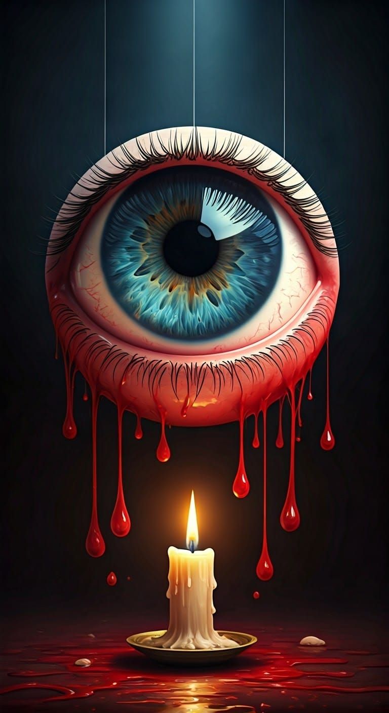 Giant Bloodshot Blue Eyeball in Flickering Candlelight