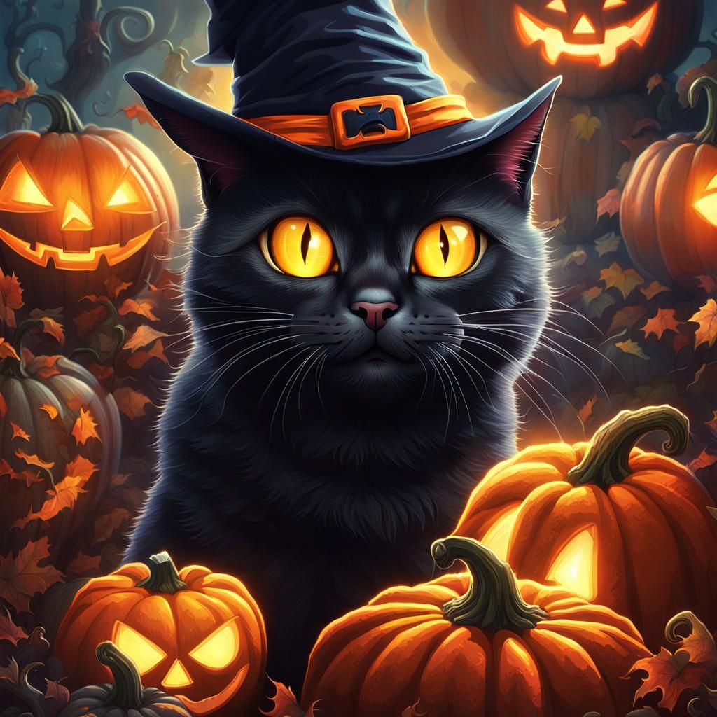 Cartoon Cat in Jack-O'-Lantern: Hyper-Detailed Digital Art