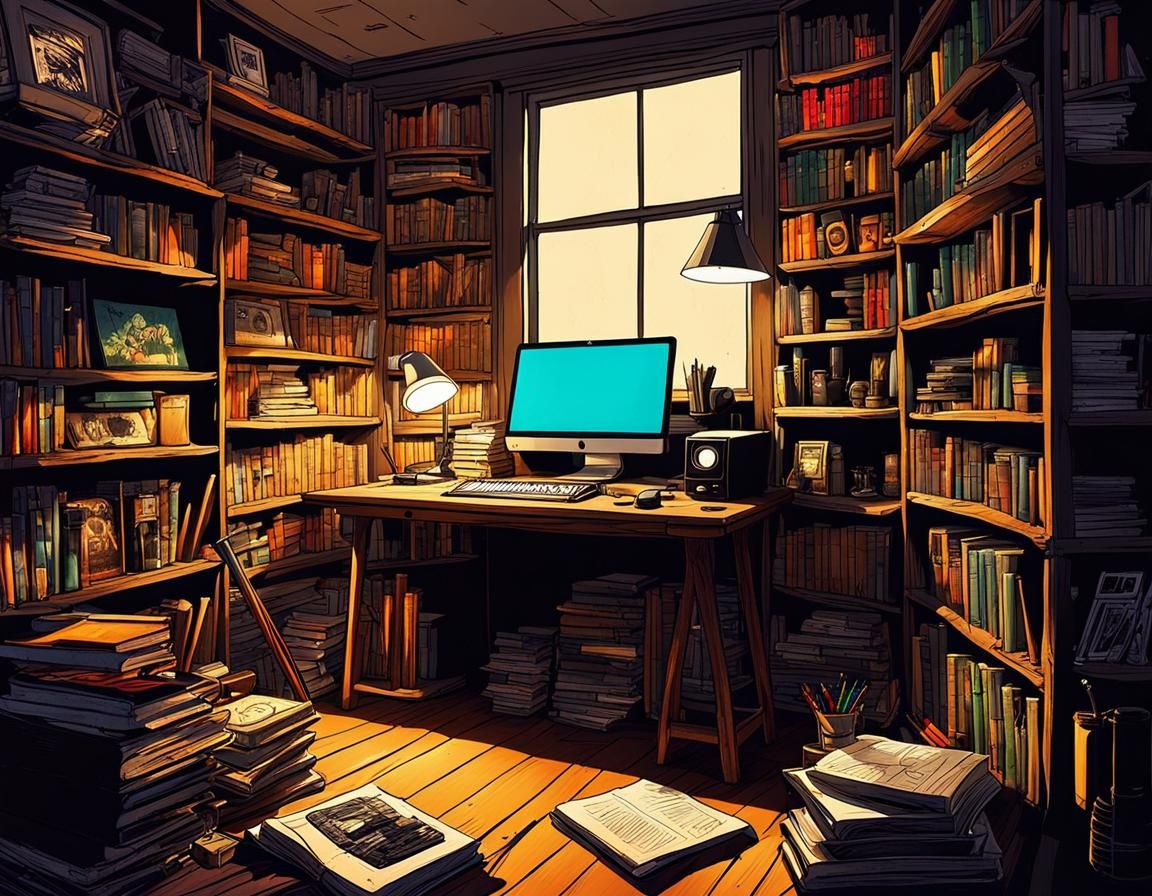 Cozy Illustrator's Den with Retro Sci-Fi Vibe