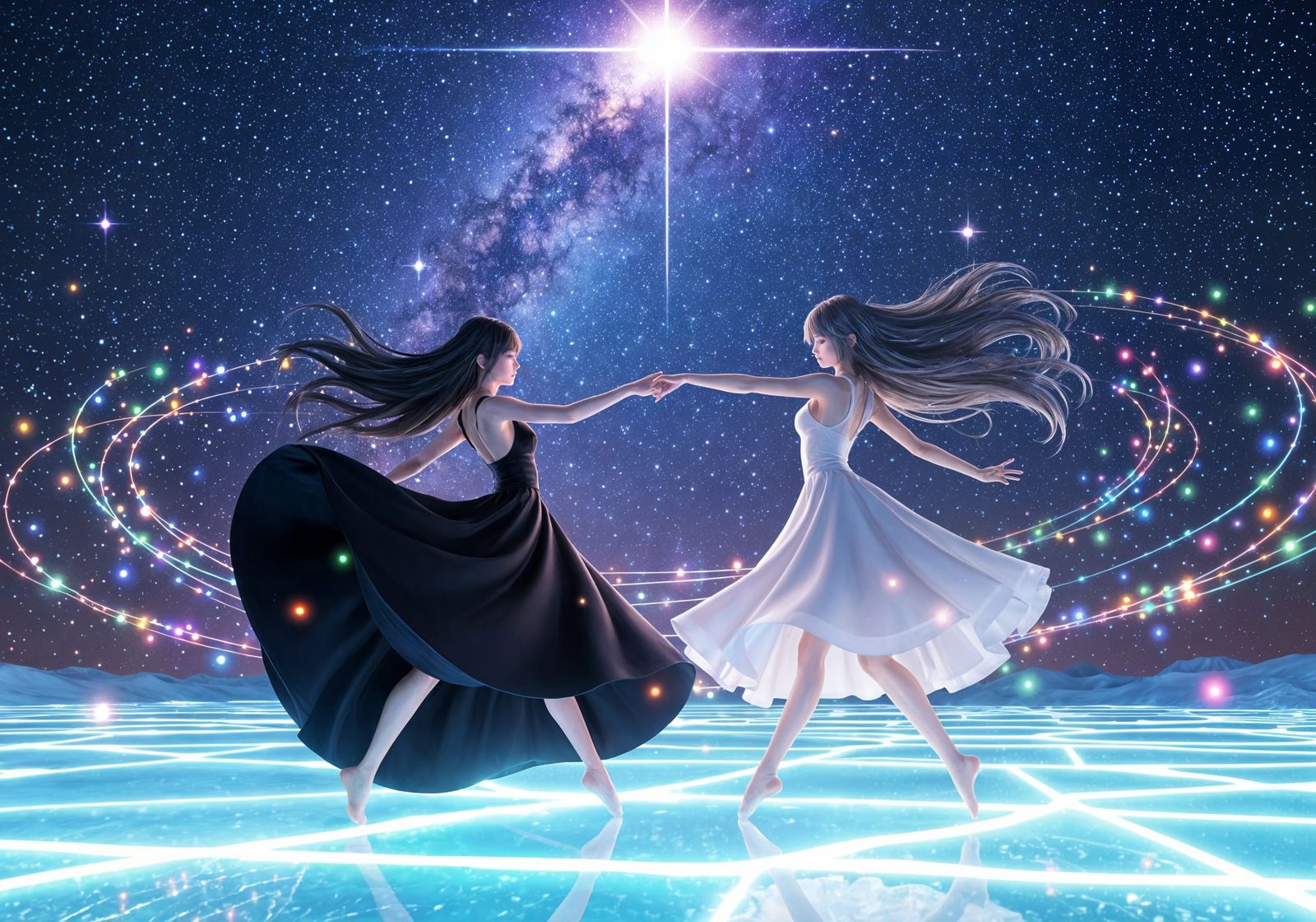 Women Dancing on Ice Under Starfield, Anime Art