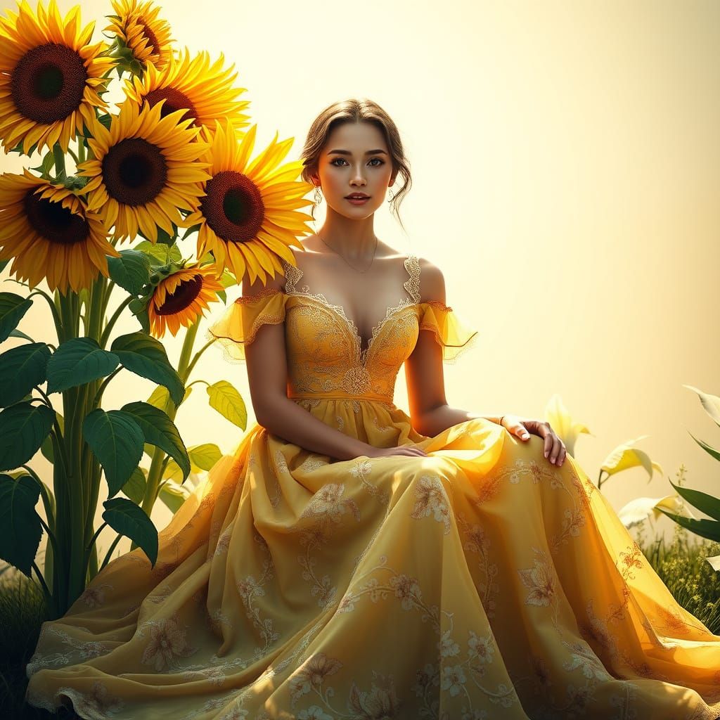 Ethereal Summer Goddess amidst Vibrant Sunflowers
