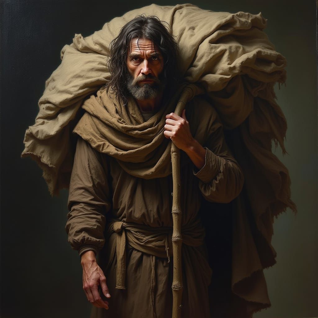 Weary Traveler Carrying Life's Journey: Hyperrealistic Portr...