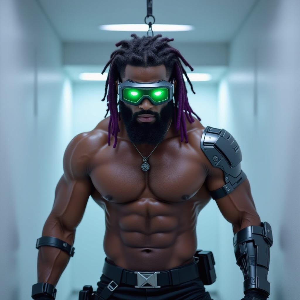 Muscular Spy Agent with Metal Arm and Neon Goggles