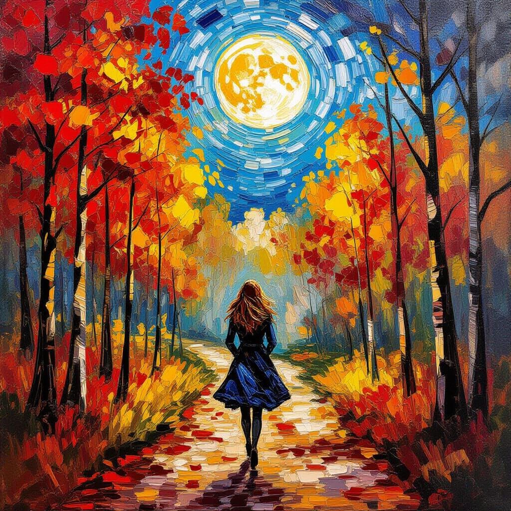 Autumn Forest Walk Under Harvest Moon, Neo-Impressionist Sty...