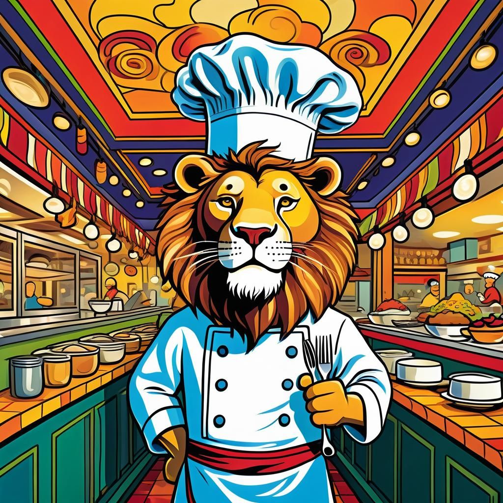 Chef Lion in Restaurant: Cartoon Illustration