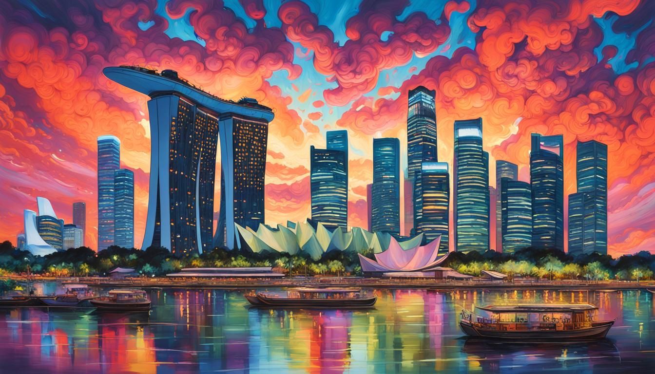 Singapore Skyline with Luminous Graffiti in Splash Art Style