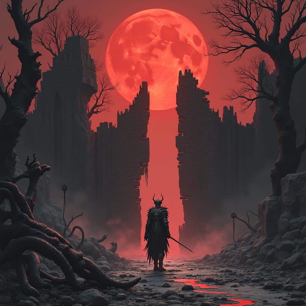 Spectral Knight Guards Ruined City at Twilight