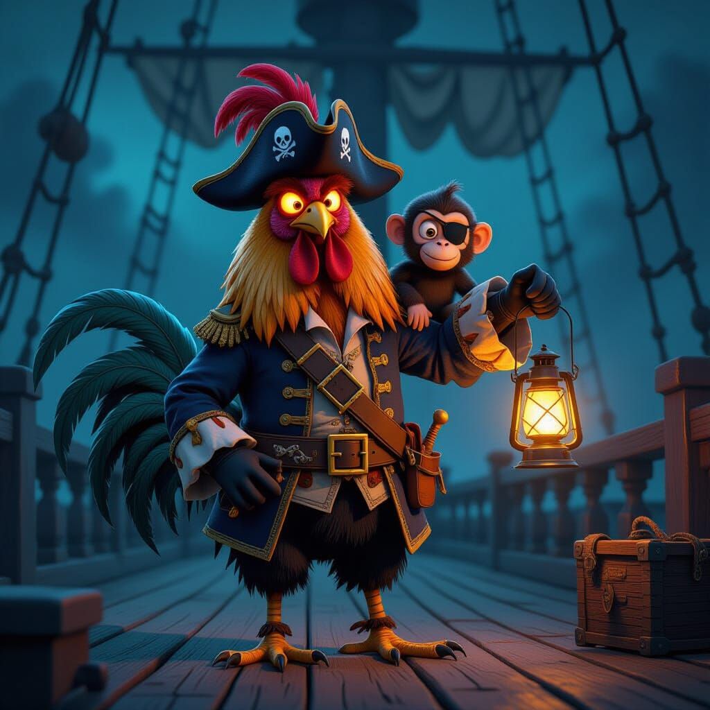Gothic Pirate Rooster on Haunted Ship
