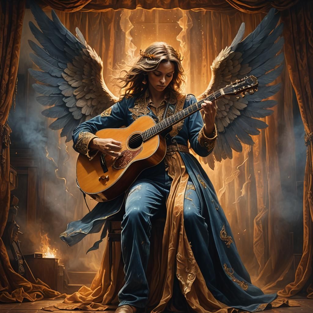 Honky Tonk Angel Plays Guitar as Oil Painting