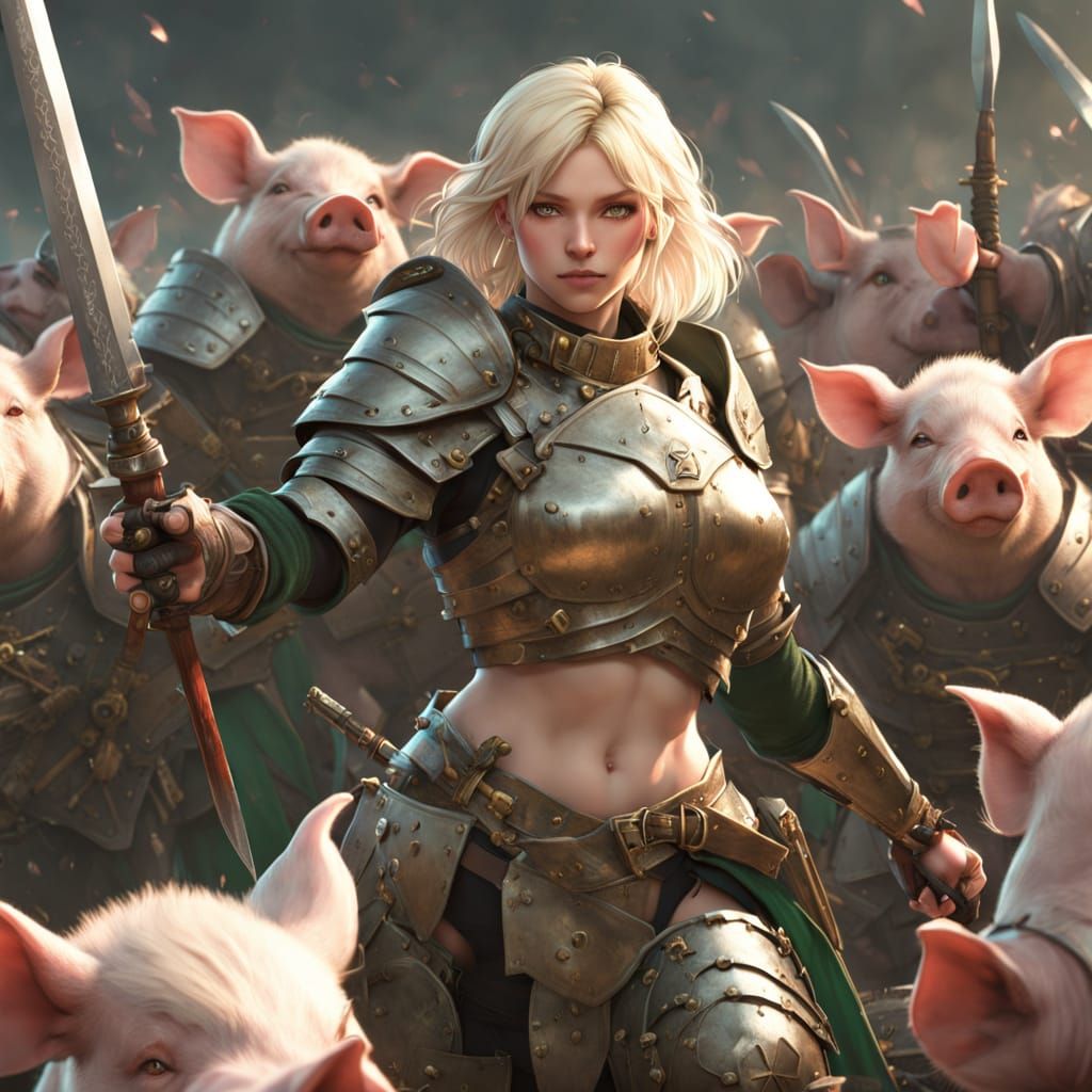 Curvy Warrior Commands Piglin Army in Anime Style