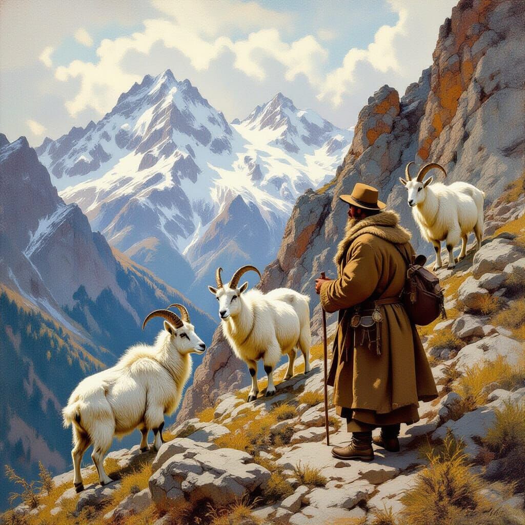 Mountain Goats in Rugged Landscape, Realist Style