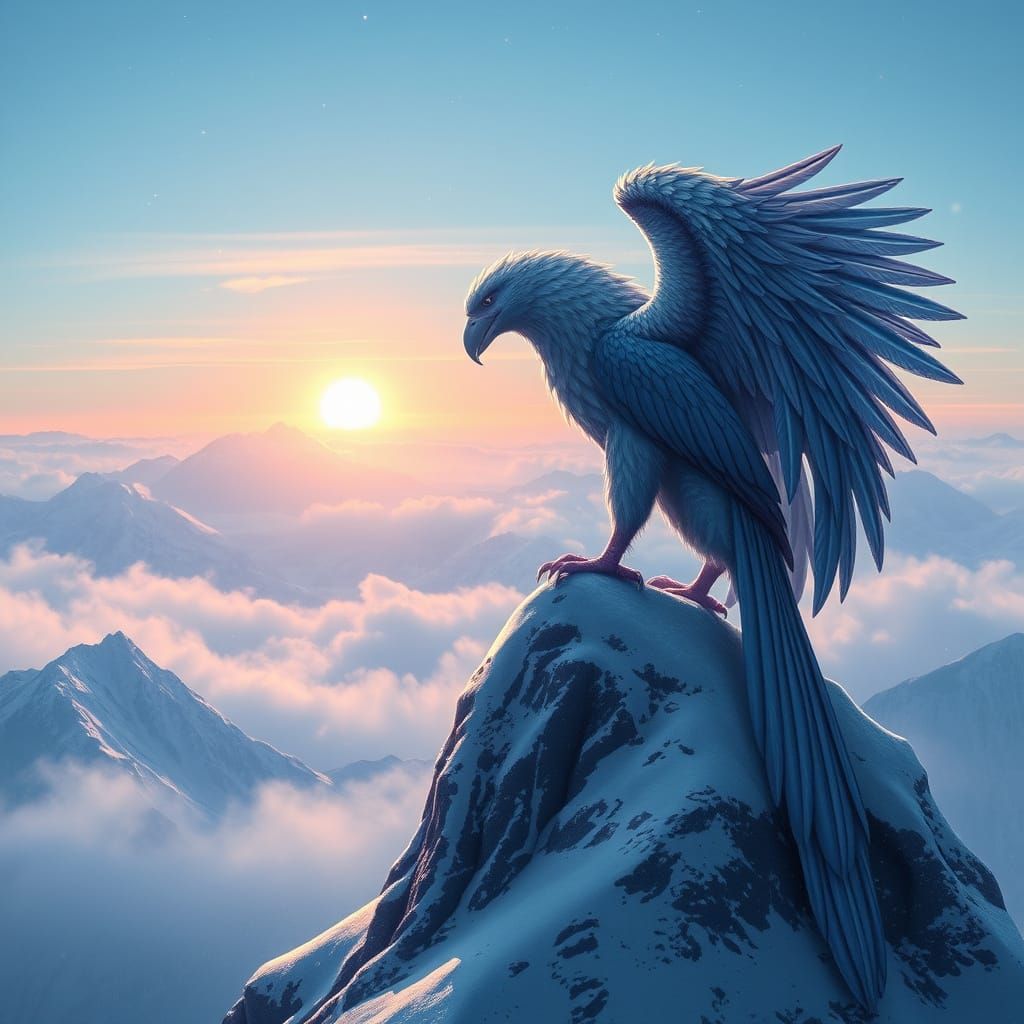 Iridescent Griffin on Snow-Capped Peak: Fantasy Art