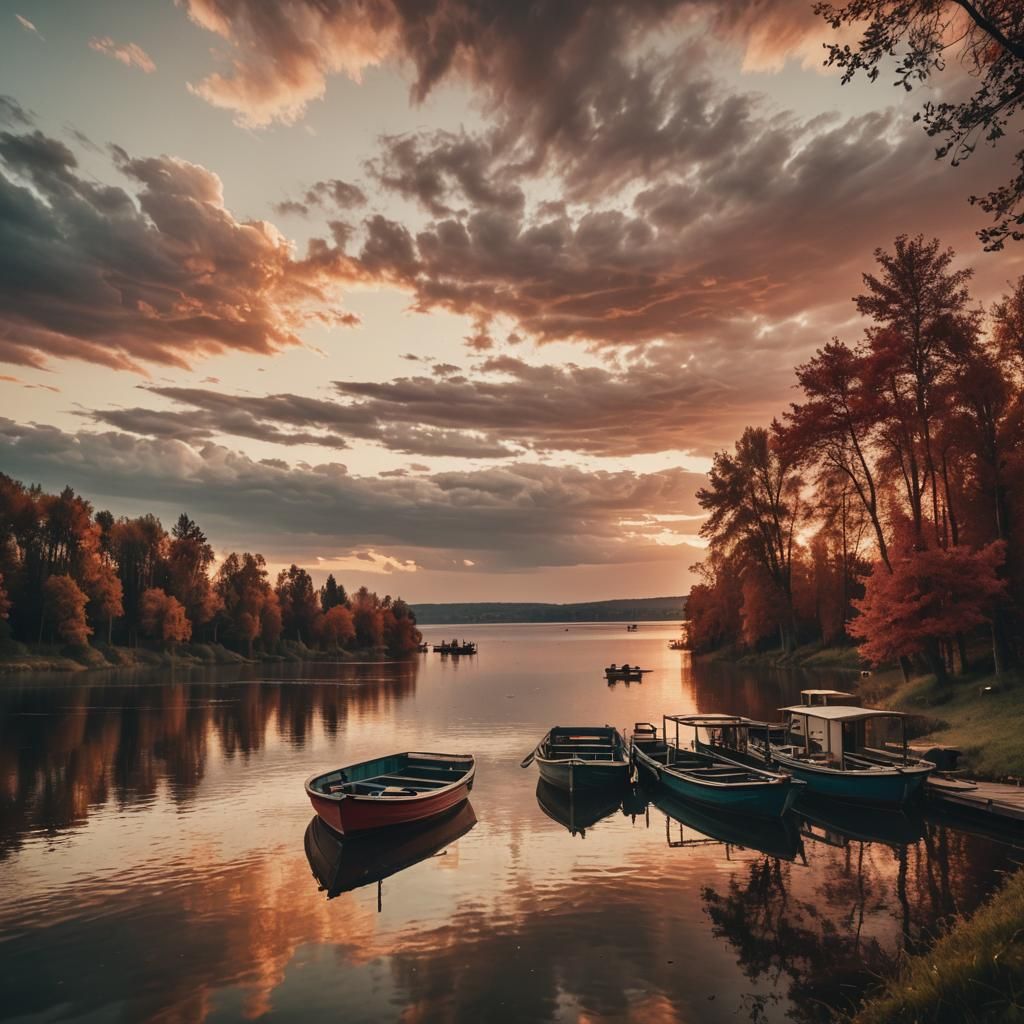 Fishing Boats on Lake at Sunset: Cinematic Film Still