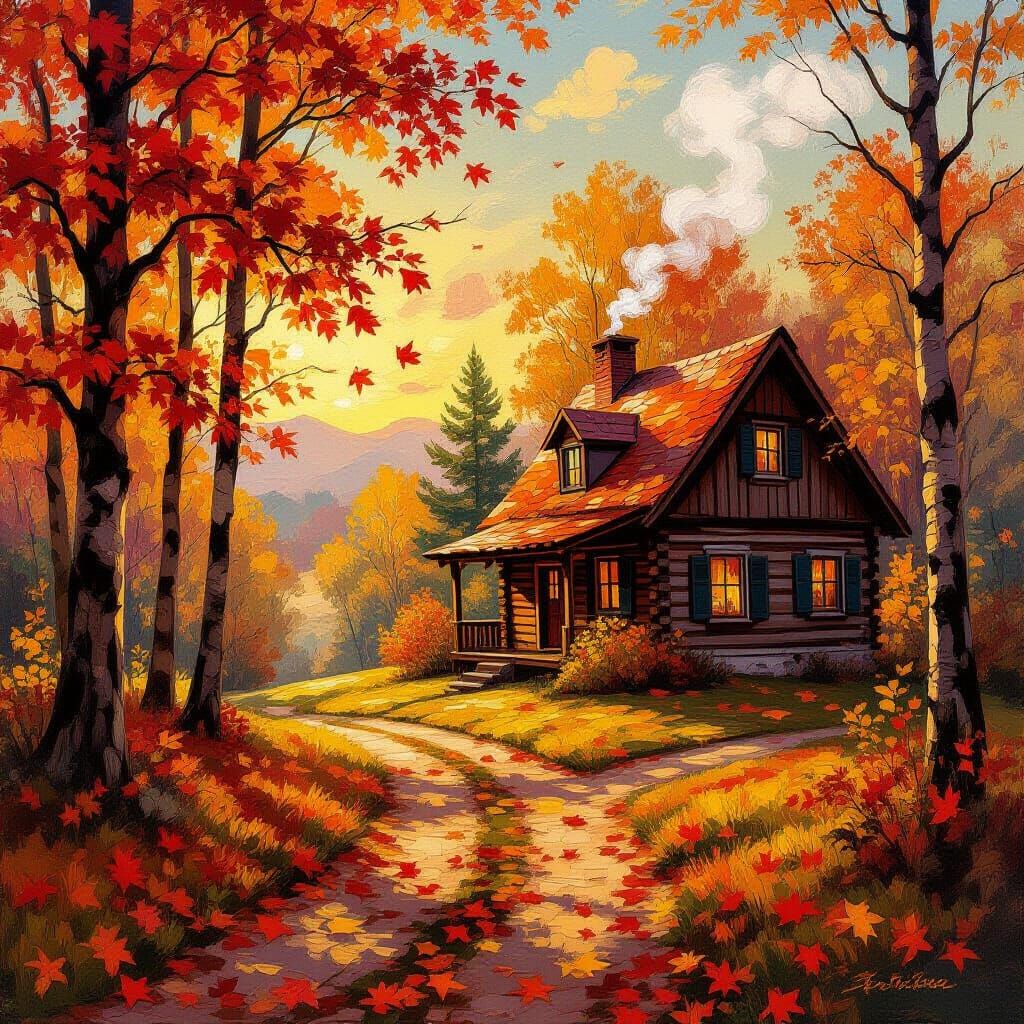 Golden Hour Autumn Cabin Scene with Fall Colors