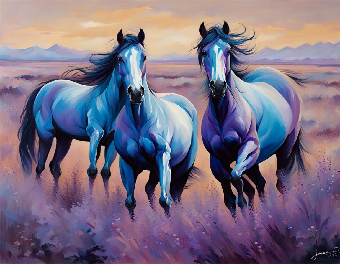 Wild Horses in Purple and Blue Hues