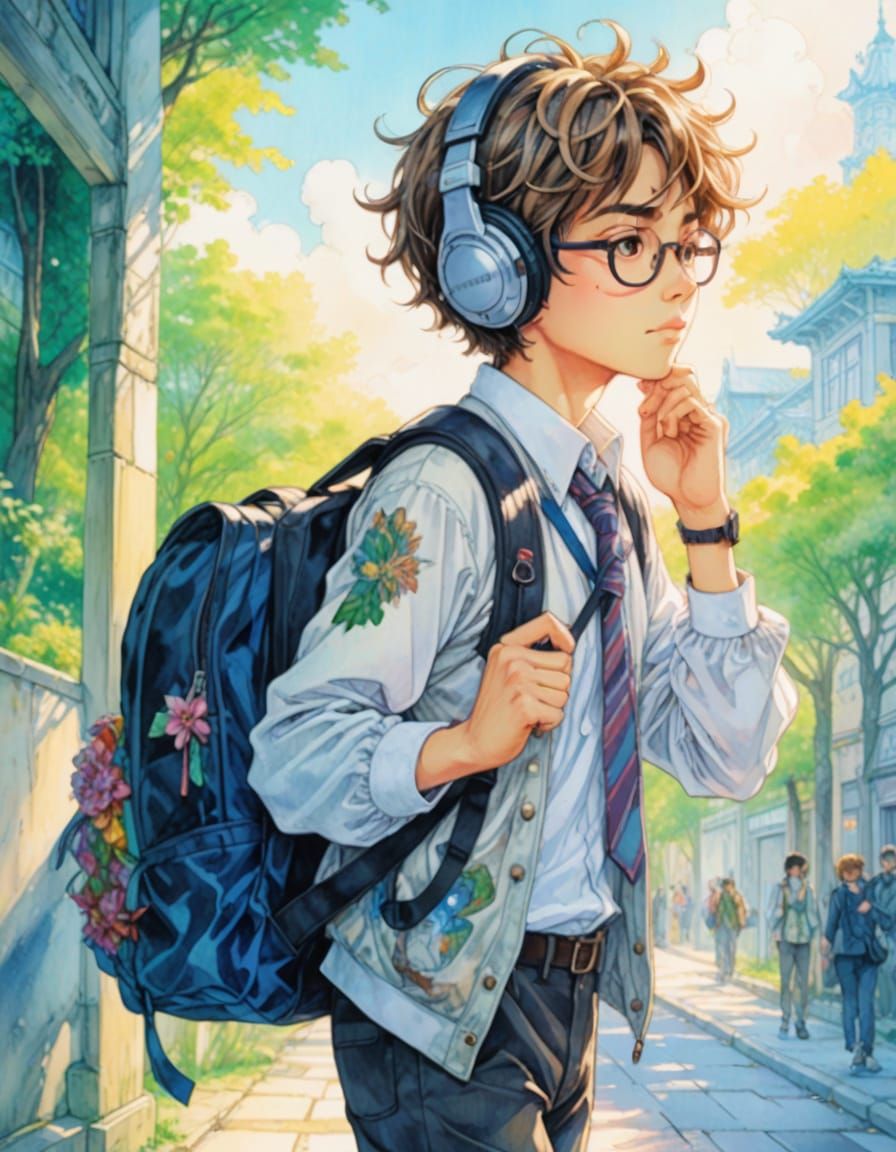 Whimsical Anime Nerd Boy Strolls to School