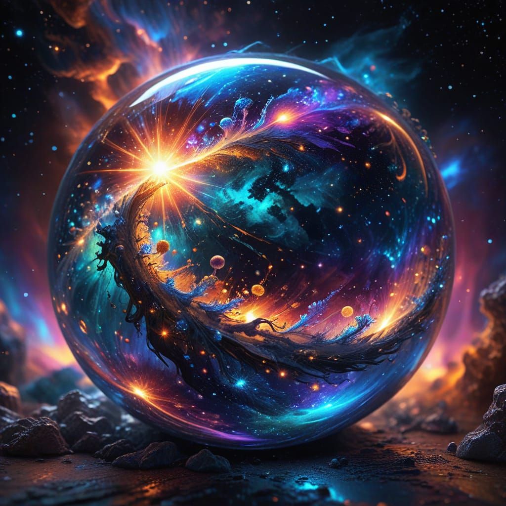 Cosmic Sphere with Radiant Sunset Inside