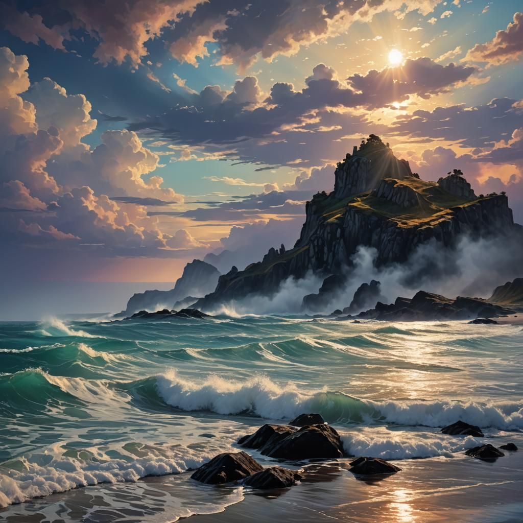 Enchanting Iridescent Seascape with Dramatic Lighting