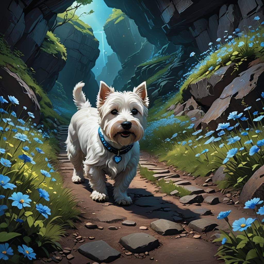 Westie in Glowing Cave: Fantastical Digital Art