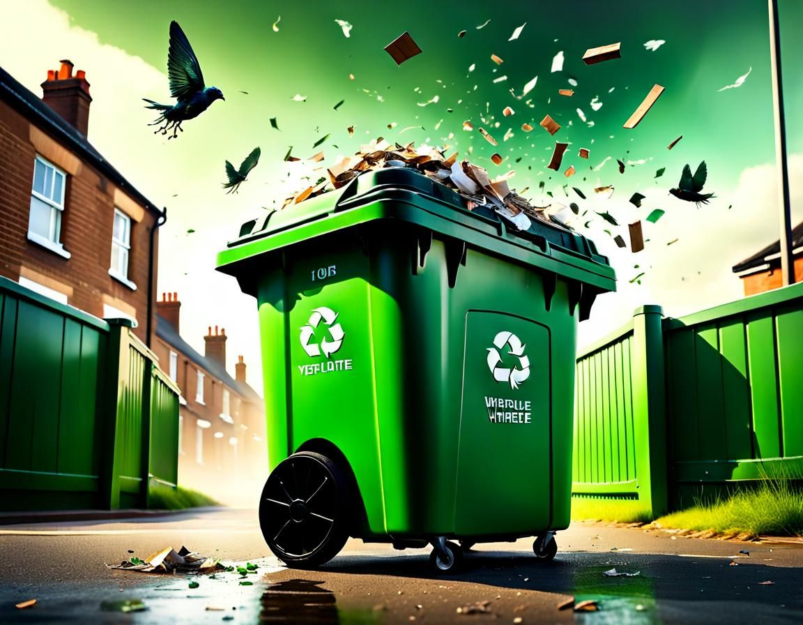 Overflowing Green Wheelie Bin in Hyperrealistic Detail