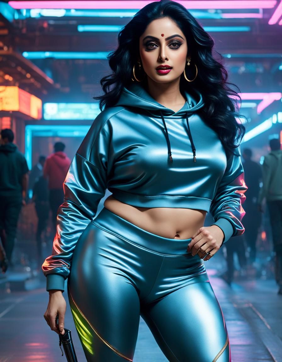 Cyberpunk Goddess Sridevi in Neon Cityscape