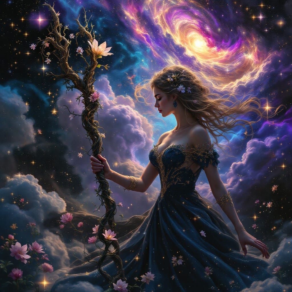 Ethereal Goddess Wields Celestial Staff in Majestic Digital ...