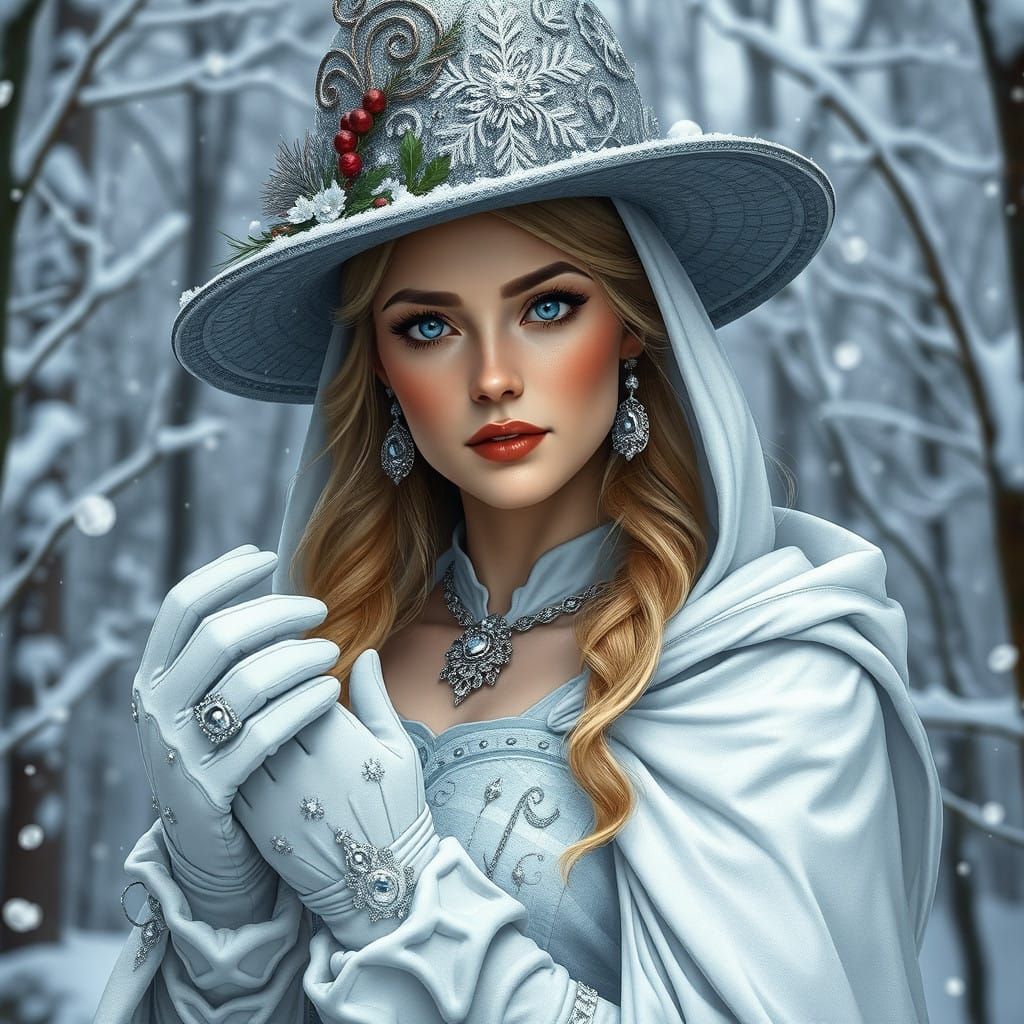 Regal Fantasy Queen in Snowy Woodland Scene