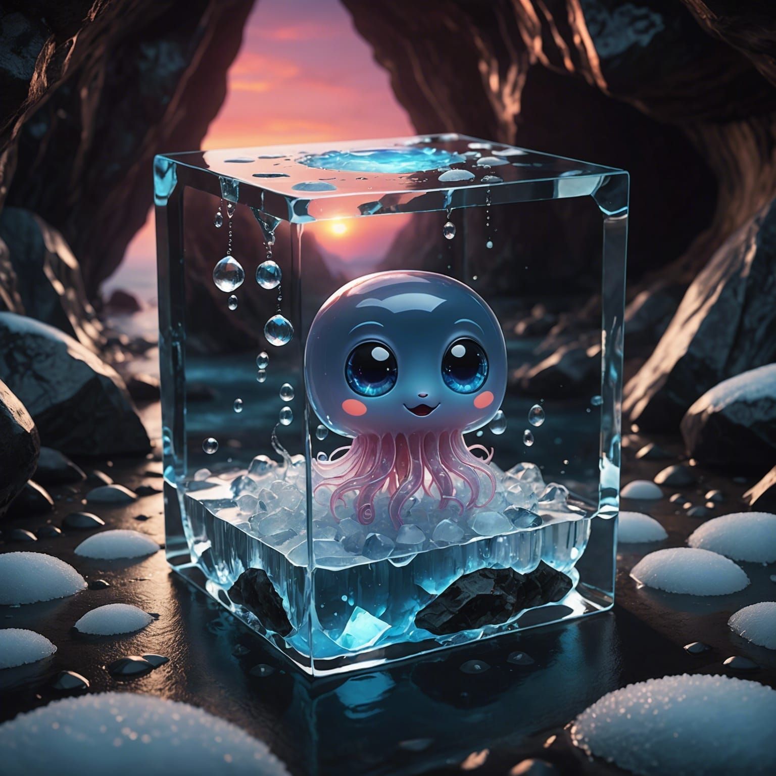 Chibi Jellyfish in Ice Cube, Macro Photography