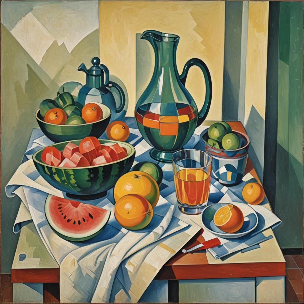 Cubist Still Life: Watermelon and Orange Juice