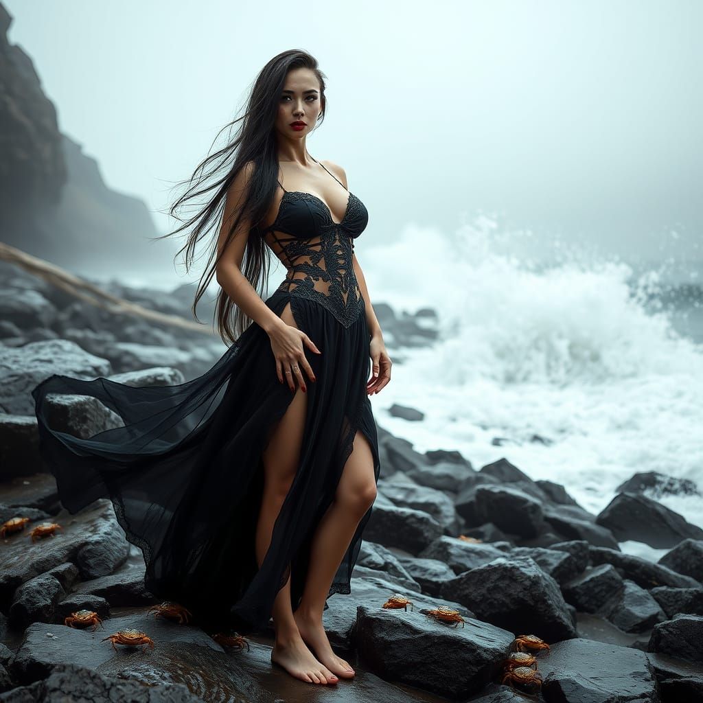 Gothic Goddess on Rocky Shoreline in Dramatic, High-Gloss La...