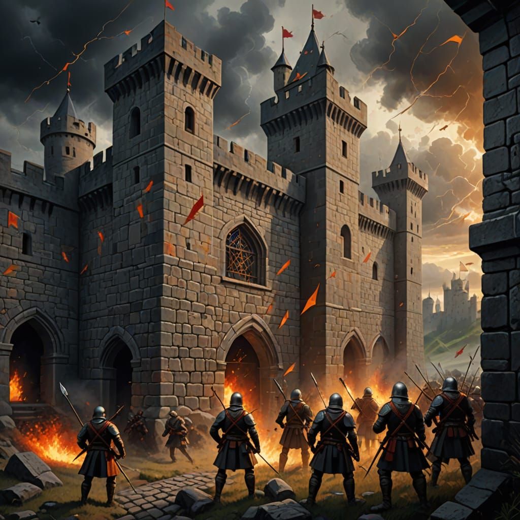 Soldiers Defending Castle Walls in Dramatic Oil Painting Sty...