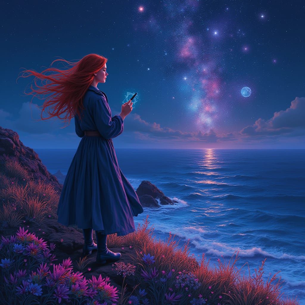 Contemplative Cosmic Dreamer Under Starlit Ocean Skies