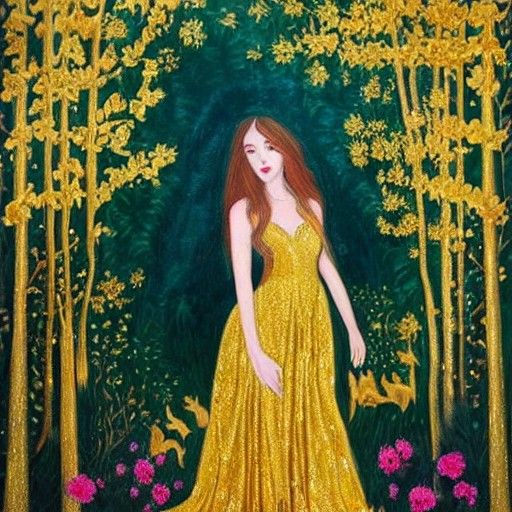 Rubenesque Woman Steps into Golden Forest Painting