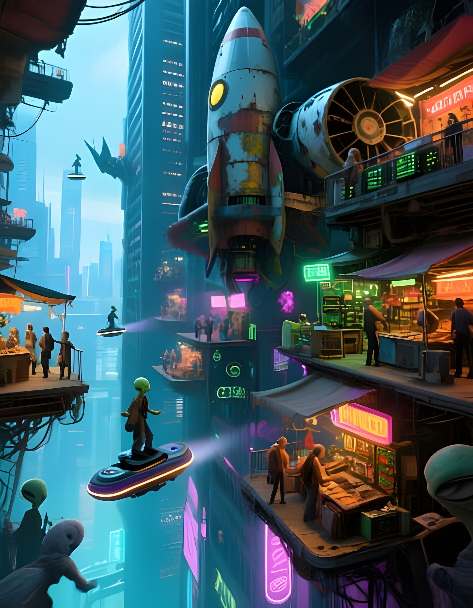 Vertical Alien Marketplace with Secondhand Spaceship Parts