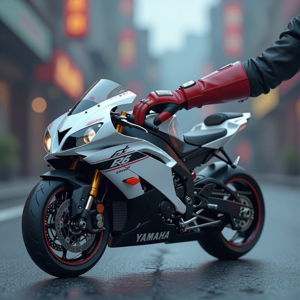 Miniature Yamaha R6 Racer in Woman's Hand: 3D Render