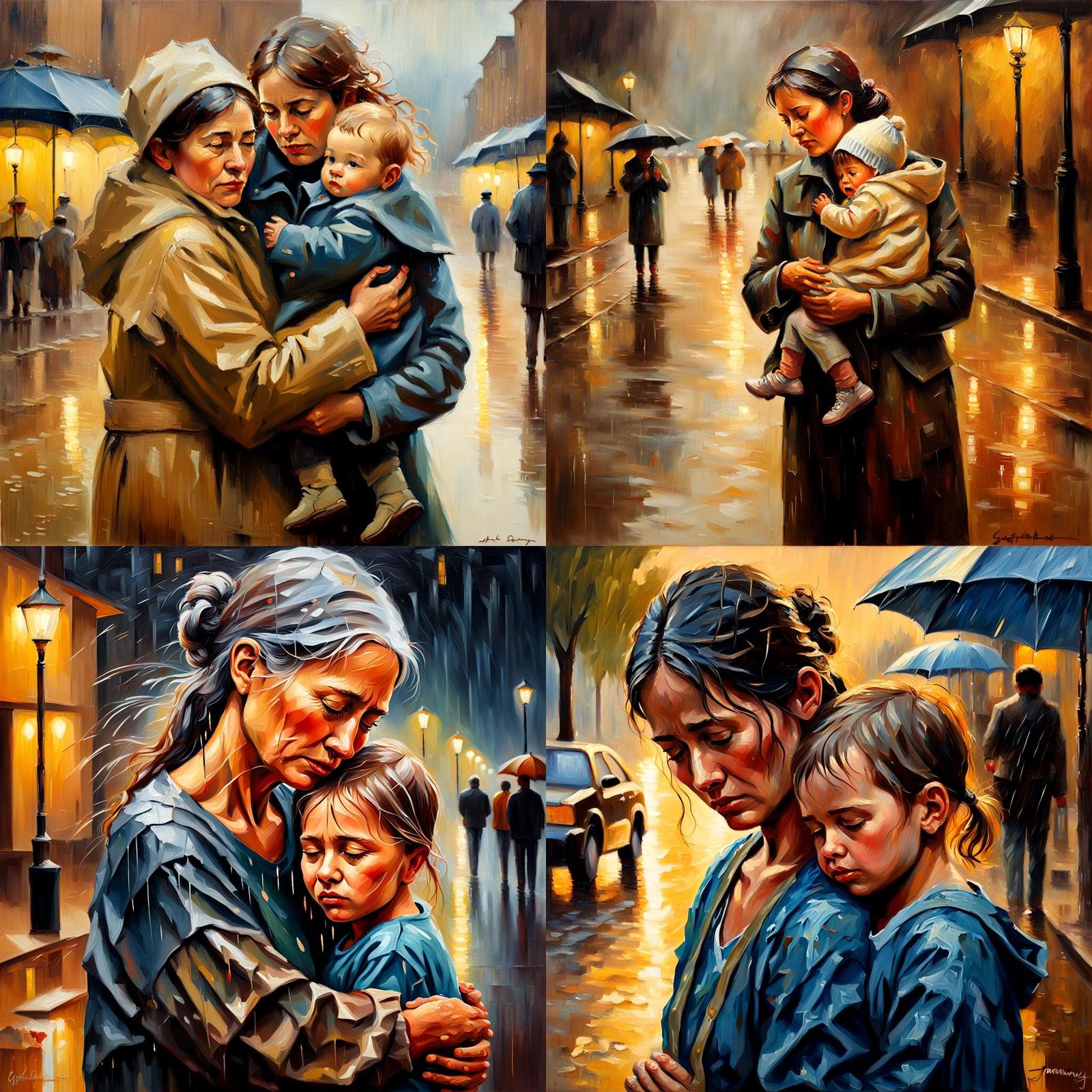 Mother and Child in Rain, Oil Painting