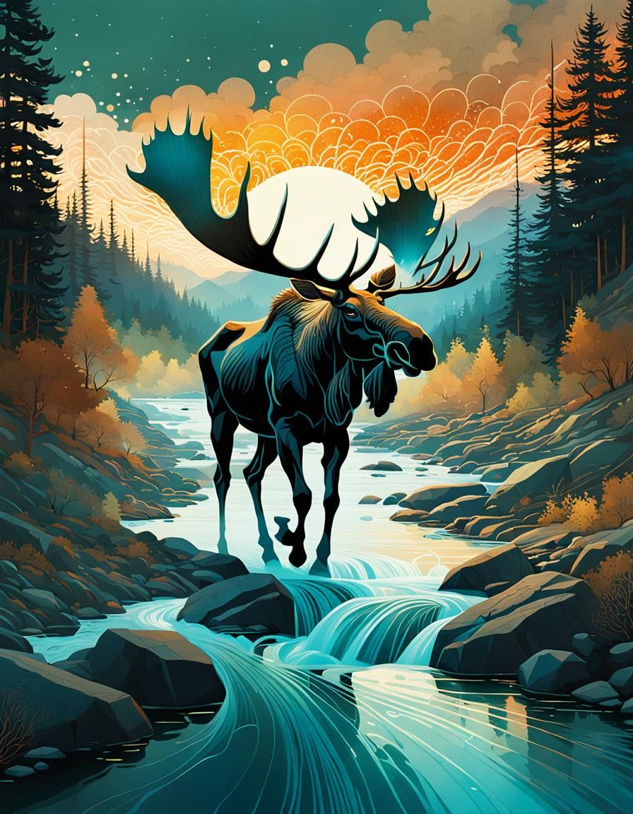 Ethereal White Moose in Rocky Stream, Digital Art