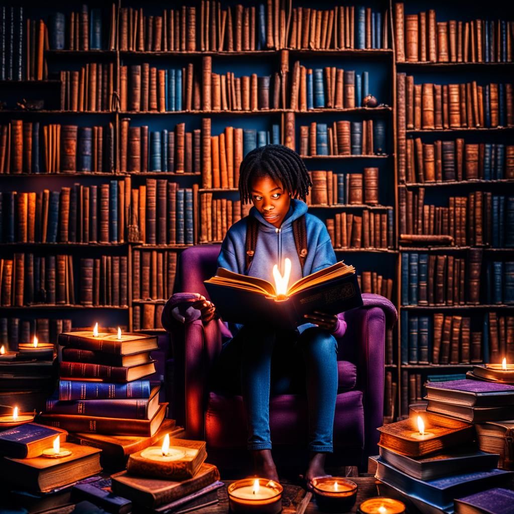 Ecstatic Girl Surrounded by Burning Books